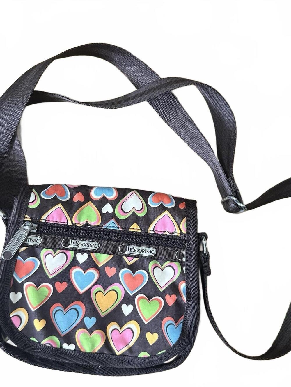LeSportSac Choclate Brown  All Over Heart Print  Cross Body Bag Mini Purse Y2K